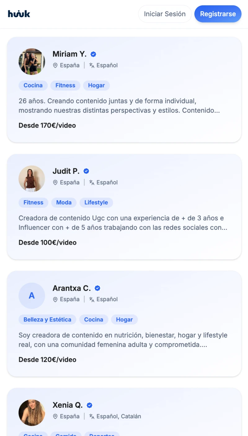 Listado de creadores UGC en la plataforma Huuk