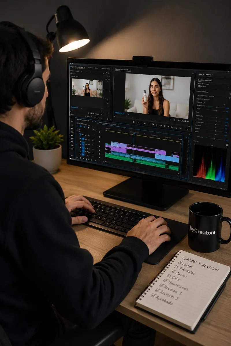 Editor de vídeo montando contenido UGC para una marca