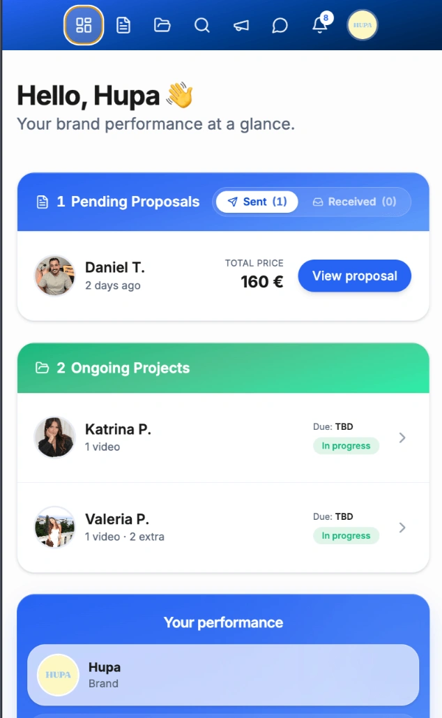 Listado de creadores UGC en la plataforma Huuk