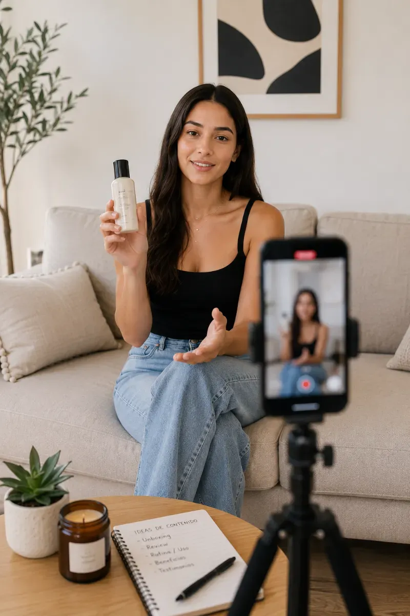 Creadora UGC grabando un vídeo de producto en casa